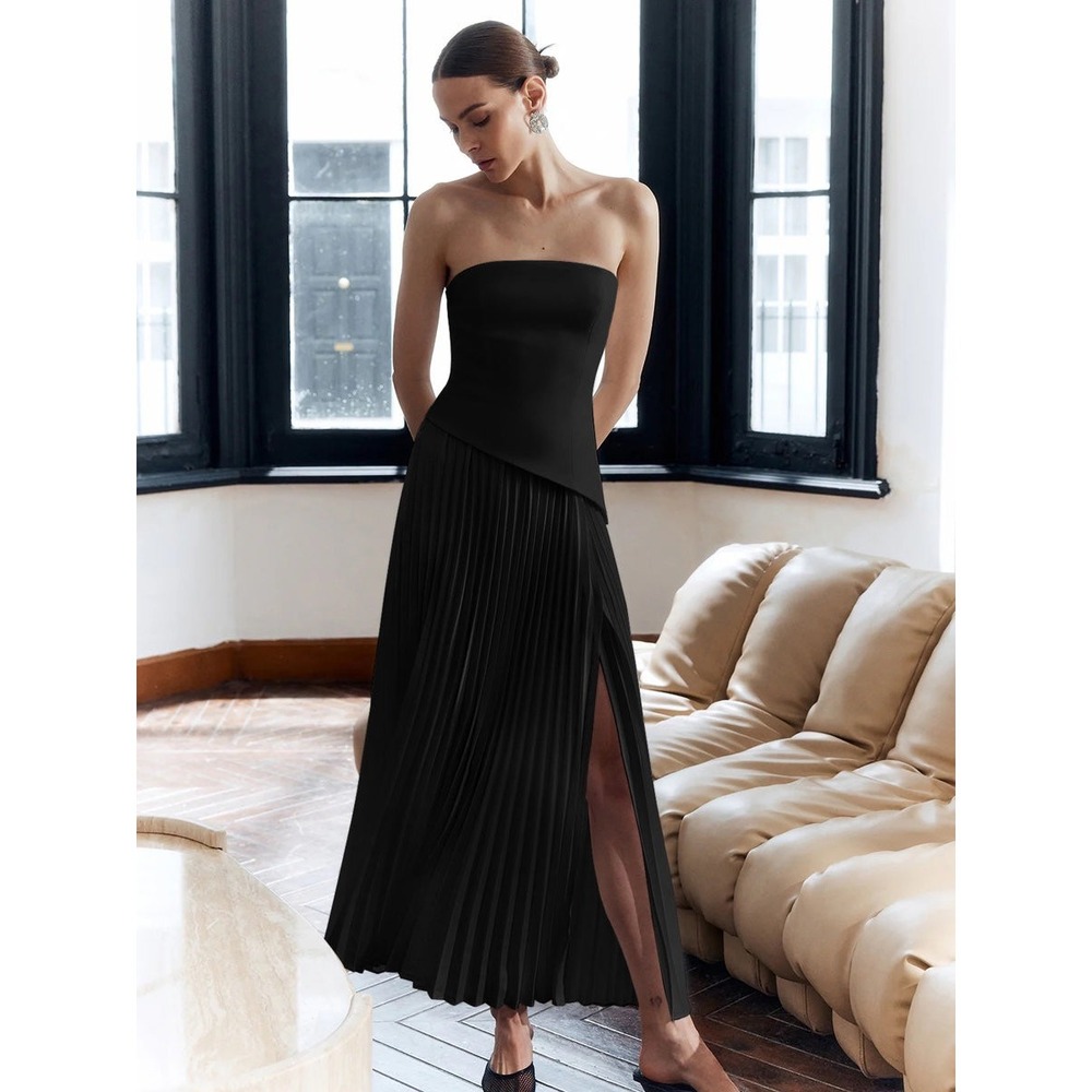 Commense Solid Pleated Strapless Split Dress Blac… - image 2